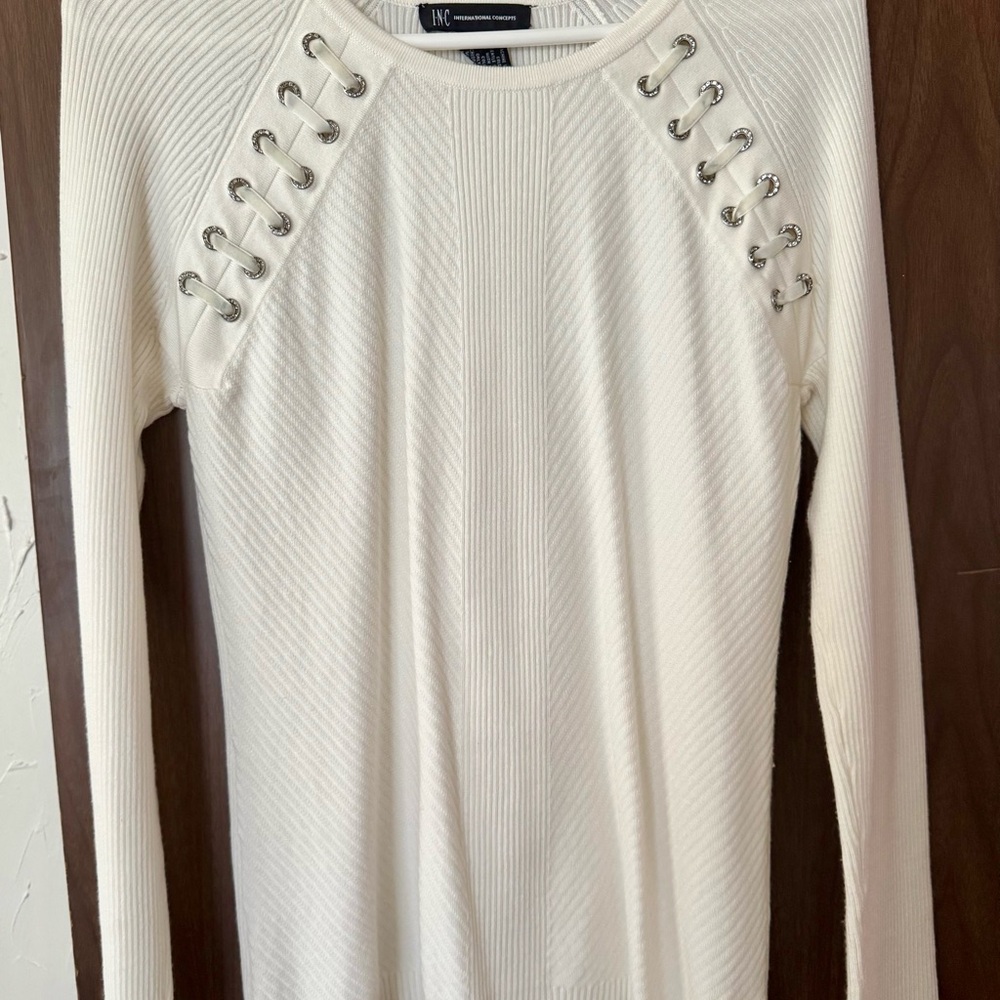 INC White Ribbed Sweater with Lace-Up Detail SIZE M